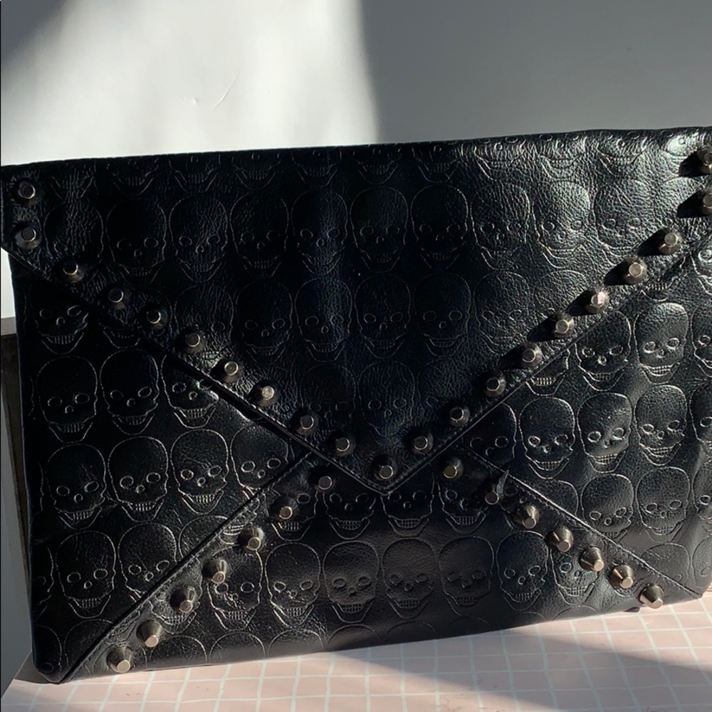 Studded Skull skeleton Embossed Black Leather envelope Clutch